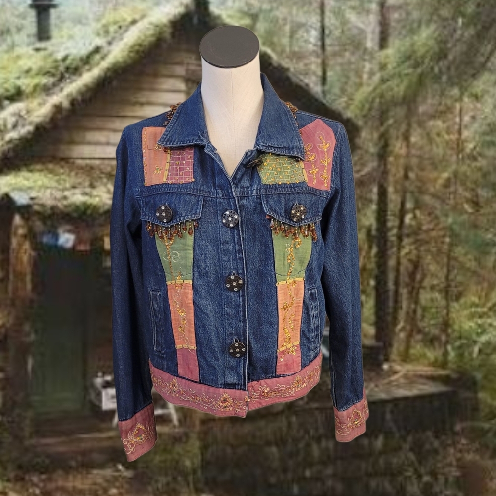 Y2K Embroidered Denim Jacket with Multicolor Patchwork Accents